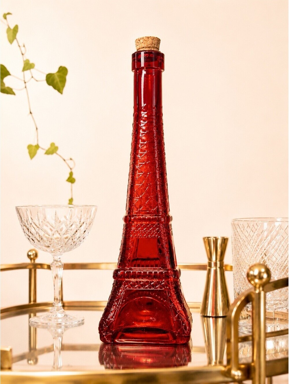 Vintage 1980s Eiffel Tower Red Figural Glass Decanter Bottle With Cork, 3.5x11”